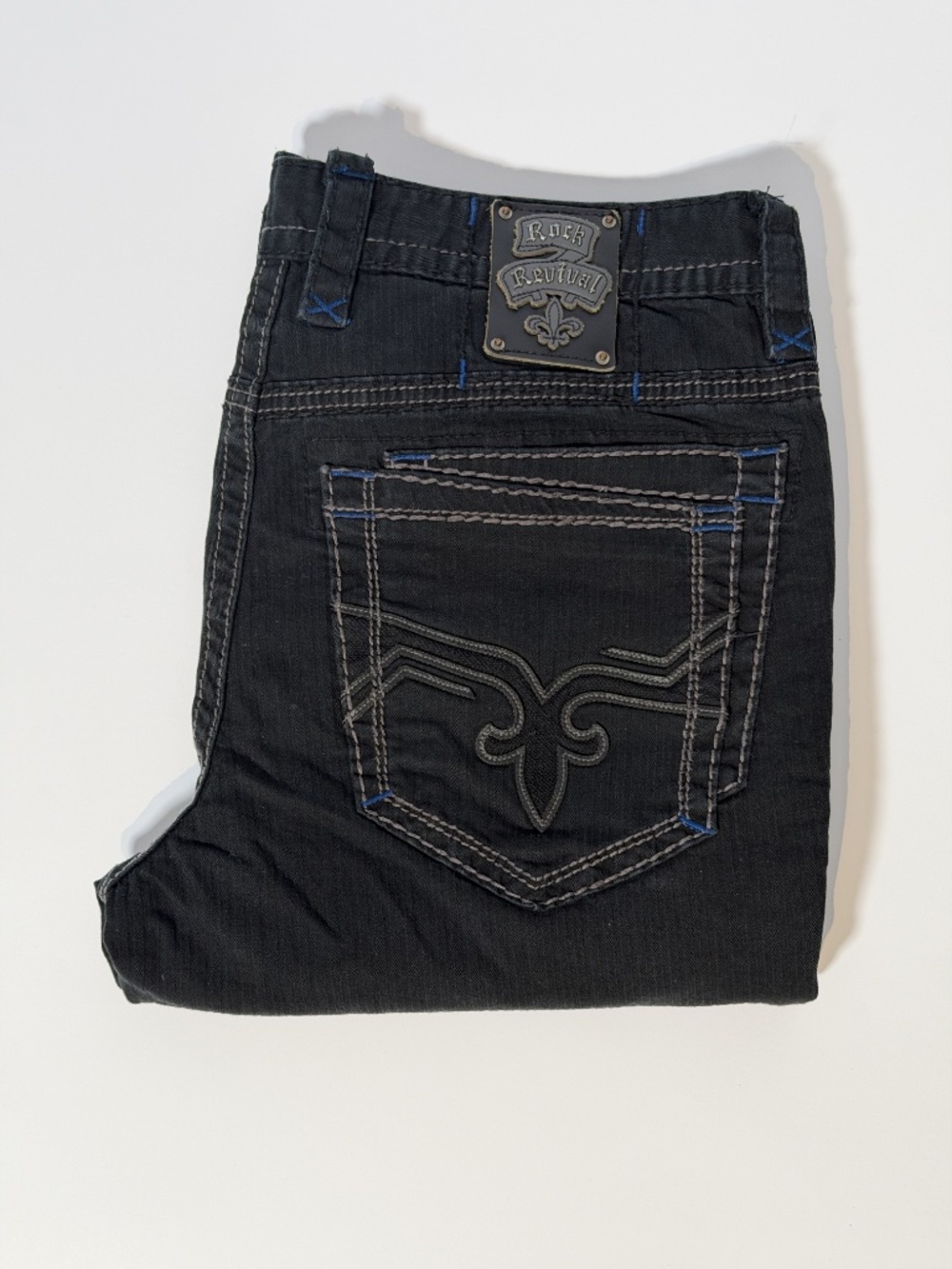 Rock Revival Men's Black Faded Jeans Size 38 Straight Fit Contrast Stitch Denim